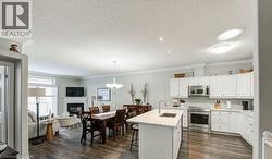 Kitchen with stainless steel appliances, crown molding, white cabinets, pendant lighting, and a glass covered fireplace - 