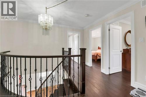 Hall featuring dark wood finished floors, crown molding, an upstairs landing, and a chandelier - 125 Valera Drive, Hamilton, ON 