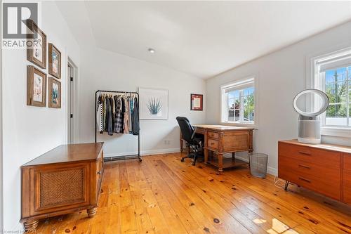 Office area with vaulted ceiling and light wood-type flooring - 197 Cedar Drive, Turkey Point, ON - Indoor Photo Showing Other Room