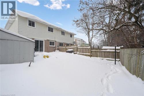 Snow covered back of property with brick siding and a shed - 11 Ingleside Drive, Kitchener, ON - Outdoor