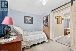 Carpeted bedroom with a barn door and baseboards - 