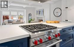 Kitchen featuring blue cabinets, designer range, open floor plan, a warm lit fireplace, and beam ceiling - 