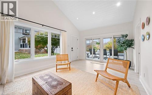 Living area with high vaulted ceiling, healthy amount of natural light, recessed lighting, and light wood finished floors - 735 George Street, Burlington, ON - Indoor Photo Showing Living Room