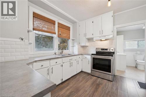 Kitchen featuring white cabinets, stainless steel range with electric stovetop, tasteful backsplash, dark wood-type flooring, and a textured ceiling - 41 Rose Street, Kitchener, ON - Indoor Photo Showing Kitchen