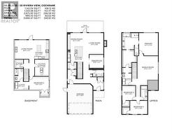 Floor Plan of Home showing room measurements of main floor, upper floor, and basement - 