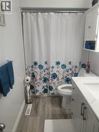 Full bath with vanity, dark wood-style flooring, and a shower with shower curtain - 