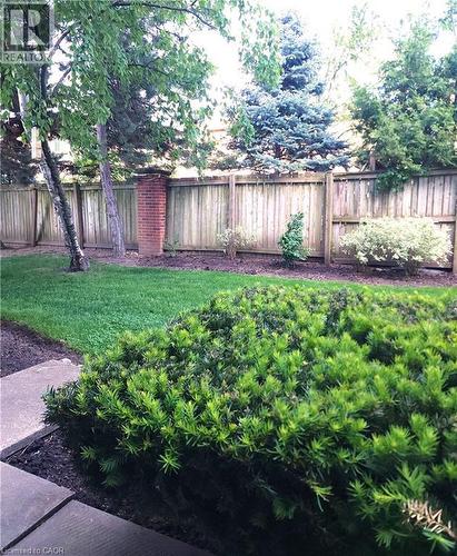 Landscaped exterior featuring a lush green lawn, mature trees, and a wooden privacy fence - 1450 Glen Abbey Gate Unit# 913, Oakville, ON 