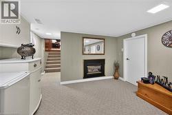 Living room with light colored carpet, a glass covered fireplace, and wooden walls - 