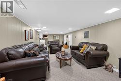 Carpeted living area with wood walls - 