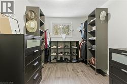 Spacious closet with light wood-style flooring - 