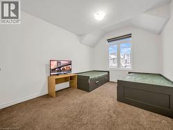 Unfurnished bedroom with a textured ceiling, carpet flooring, and lofted ceiling - 