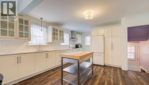 Kitchen with decorative backsplash, freestanding refrigerator, and healthy amount of natural light - 14 Grandview Street, Brantford, ON - Indoor Photo Showing Kitchen