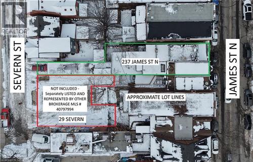 Visual lot lines for refrence - Approximate , 29 severn not included in sale of property - Separatly represented by designated agent. - 237 James Street N, Hamilton, ON 