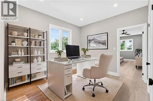 Home office featuring light wood-type flooring, recessed lighting, and ceiling fan - 4006 Flemish Drive, Burlington, ON - Indoor Photo Showing Office