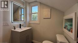 Half bathroom featuring vanity and vaulted ceiling - 
