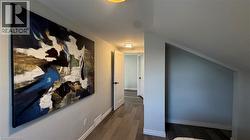 Hallway with dark wood-style flooring and vaulted ceiling - 