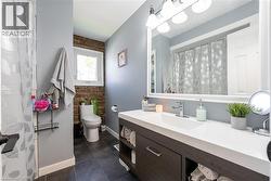 Full bathroom featuring vanity, curtained shower, and dark tile patterned flooring - 
