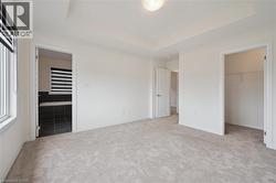Unfurnished bedroom featuring a tray ceiling, a walk in closet, and light colored carpet - 