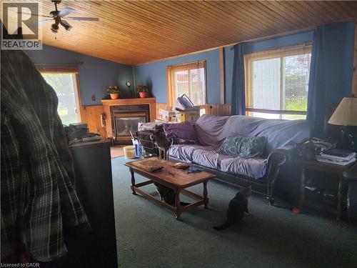 Vaulted wood-paneled ceiling with a ceiling fan - 740 Hillcrest Road, Simcoe, ON - Indoor Photo Showing Living Room With Fireplace