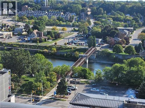 Aerial view of a notable bridge and Grand River view from Balcony - 15 Glebe Street Unit# 1313, Cambridge, ON - Outdoor With Body Of Water With View