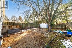Fenced backyard with a storage unit and a patio area - 