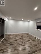 Below grade area with dark wood-type flooring and recessed lighting - 