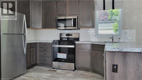 Kitchen with appliances with stainless steel finishes, decorative backsplash, dark brown cabinetry, and light wood-style flooring - 24 Macpherson Crescent, Flamborough, ON - Indoor Photo Showing Kitchen