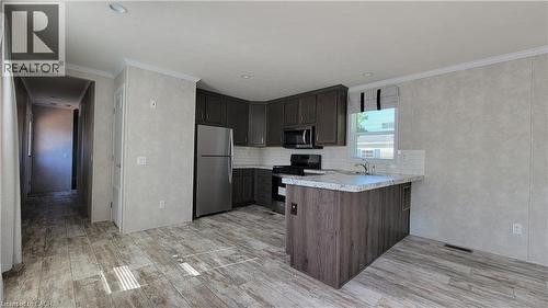 Kitchen with appliances with stainless steel finishes, a peninsula, light wood-type flooring, crown molding, and decorative backsplash - 24 Macpherson Crescent, Flamborough, ON - Indoor Photo Showing Kitchen