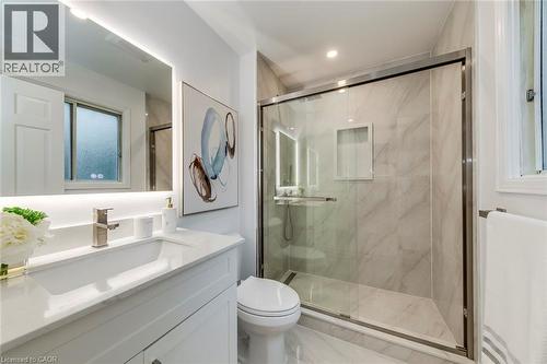 Full bath with vanity, a marble finish shower, and recessed lighting - 170 Cavendish Court, Oakville, ON - Indoor Photo Showing Bathroom