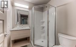 Bathroom featuring vanity, toilet, and a shower with shower door - 