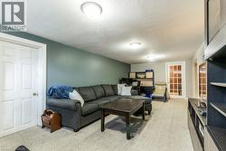 Living room with a textured ceiling and light colored carpet - 