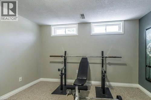 Workout area with a textured ceiling and light colored carpet - 22 Redwing Road, Hamilton, ON - Indoor Photo Showing Gym Room