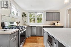 Kitchen featuring gray cabinetry, stainless steel appliances, plenty of natural light, and light stone counters - 