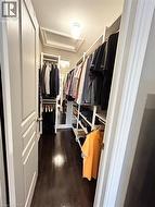 Walk in closet with attic access and dark wood-type flooring - 