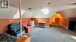 Bonus room featuring a textured ceiling, carpet flooring, a skylight, and vaulted ceiling - 