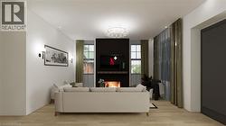 Living room with a chandelier, light wood-style floors, and a fireplace - 