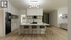 Kitchen featuring backsplash, light stone counters, high end black fridge, light wood-type flooring, and recessed lighting - 