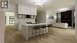 Kitchen featuring a chandelier, healthy amount of natural light, white cabinetry, and decorative backsplash - 