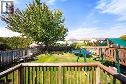 Fenced backyard with a trampoline and a playground - 