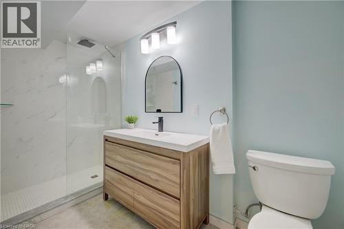 Bathroom featuring vanity and a marble finish shower - 279 Ferndale Place, Waterloo, ON - Indoor Photo Showing Bathroom
