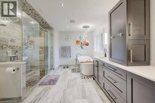 Bathroom featuring a shower stall, a freestanding tub, vanity, and recessed lighting - 1525 Dickie Settlement Road, Cambridge, ON - Indoor Photo Showing Bathroom