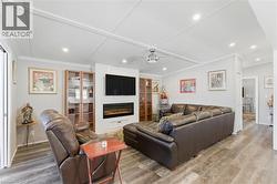 Living area with ornamental molding, wood finished floors, a large fireplace, and recessed lighting - 
