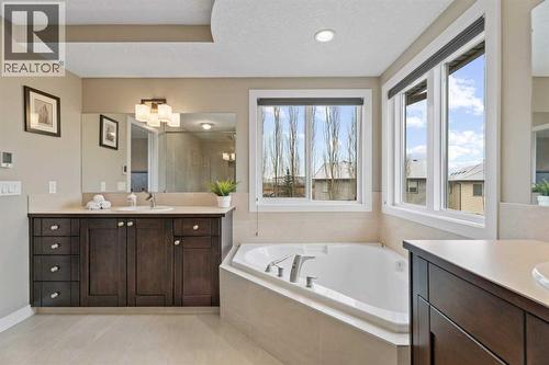 Double vanity & soaker..and tons of light - 199 Cranarch Landing Se, Calgary, AB - Indoor Photo Showing Bathroom