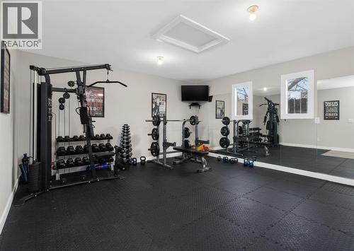Backyard Room as Gym, Virtually Staged - 127 Lynnview Way Se, Calgary, AB - Indoor Photo Showing Gym Room