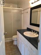 Full bathroom featuring vanity, tile walls, dark tile patterned flooring, and a shower stall - 