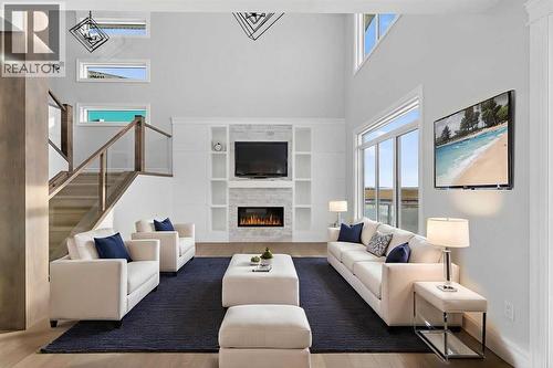 Virtually Staged - 98 Waterford Crescent, Chestermere, AB - Indoor Photo Showing Living Room With Fireplace