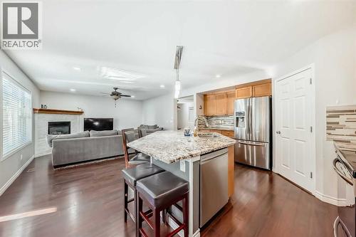574 Chaparral Drive Se, Calgary, AB - Indoor Photo Showing Kitchen With Fireplace With Stainless Steel Kitchen With Upgraded Kitchen
