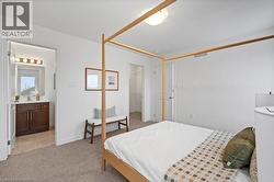 Bedroom with light carpet, a spacious closet, and ensuite bathroom - 
