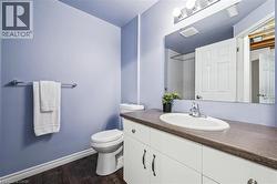 Full bathroom with vanity, dark wood-type flooring, and a shower - 