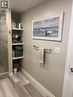 Bathroom with light wood finished floors and a stall shower - 